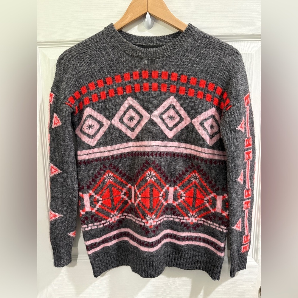 J. Crew Gray and Red Patterned Aztec Tribal Wool Mohair Blend Sweater